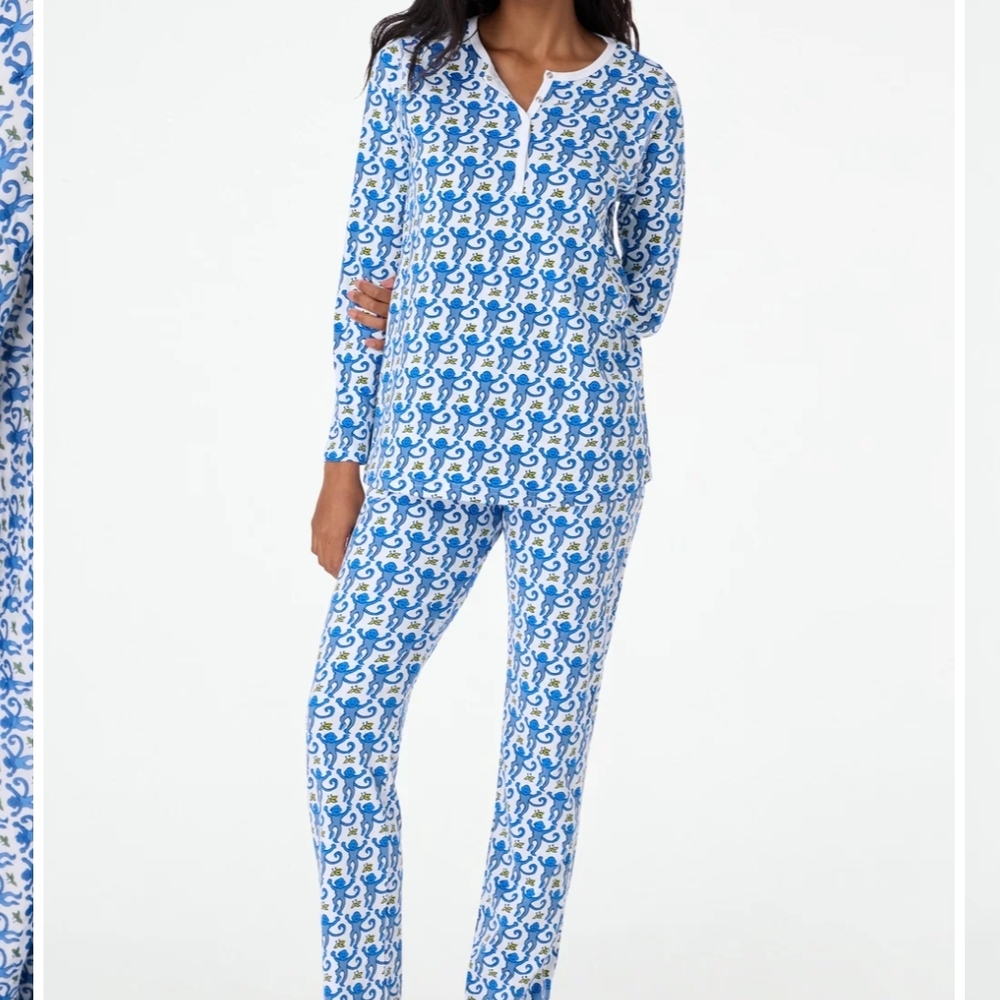 Roller Rabbit Blue and White Monkey Print Pajama Set